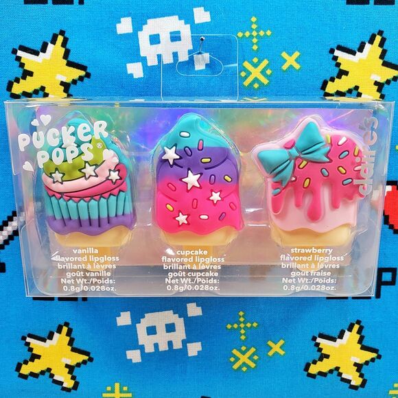 Claires Ice Cream Cone Pucker Pops Lip Gloss Vanilla Cupcake and Strawberry Set - Picture 1 of 7